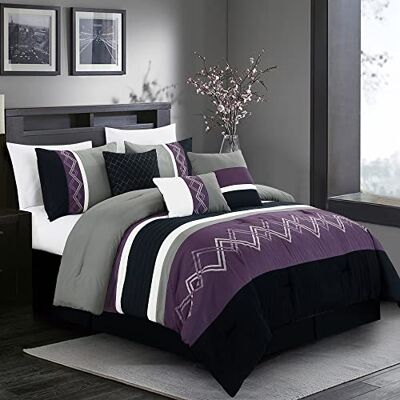 Chezmoi Collection Arden Parure de lit 7 pièces moderne plissée et broderies en zigzag, lit King size, violet/noir/gris/blanc Chezmoi Collection Arden Parure de lit 7 pièces moderne plissée et broderies en zigzag, lit King size, violet/noir/gris/blanc