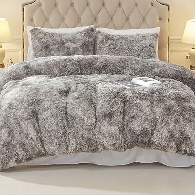 EMME Parure de lit en flanelle, avec housse de couette 200 x 200 cm et 2 taies d'oreiller de 80 x 80 cm, pour lit à poils longs et peluche douce, gris clair tie-dye EMME Parure de lit en flanelle, avec housse de couette 200 x 200 cm et 2 taies d'oreiller de 80 x 80 cm, pour lit à poils longs et peluche douce, gris clair tie-dye