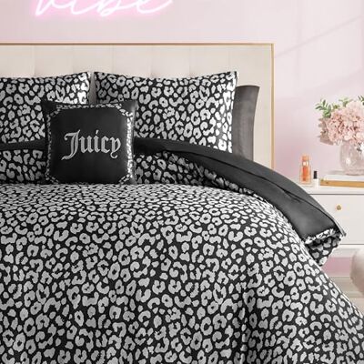 Juicy Couture Bed in a Bag Parure de lit moderne en satin motif léopard noir pour lit simple, collection de literie 6 pièces douce et élégante Juicy Couture Bed in a Bag Parure de lit moderne en satin motif léopard noir pour lit simple, collection de literie 6 pièces douce et élégante