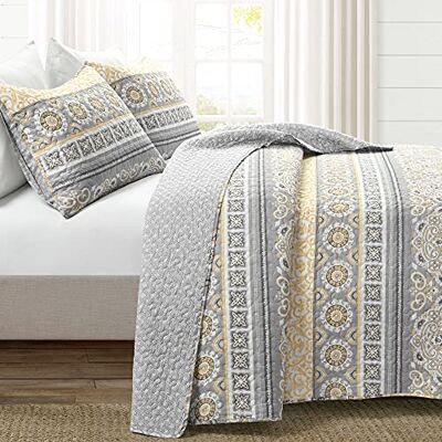 Lush Decor Nesco Parure de lit 3 pièces réversible en coton à rayures, jaune et gris, lit double/grand lit Lush Decor Nesco Parure de lit 3 pièces réversible en coton à rayures, jaune et gris, lit double/grand lit
