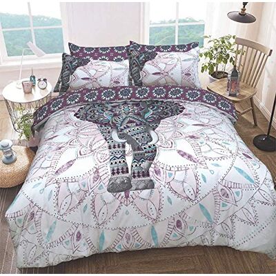 Sleepdown Parure de lit réversible avec Housse de Couette et taies d'oreiller Motif Mandala éléphant Violet Facile d'entretien, hypoallergénique, Douce et Lisse Sleepdown Parure de lit réversible avec Housse de Couette et taies d'oreiller Motif Mandala éléphant Violet Facile d'entretien, hypoallergénique, Douce et Lisse