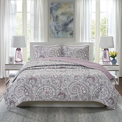 Comfort Spaces Parure de lit matelassée double face pour toutes les saisons, légère, motif cachemire, 228,6 x 228,6 cm, violet Comfort Spaces Parure de lit matelassée double face pour toutes les saisons, légère, motif cachemire, 228,6 x 228,6 cm, violet