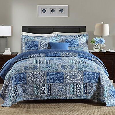 NEWLAKE Parure de lit réversible en coton Motif bohème classique Bleu Grand lit NEWLAKE Parure de lit réversible en coton Motif bohème classique Bleu Grand lit