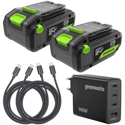 Greenworks K2S4BEA Lot de 2 batteries haute puissance USB-C et chargeur USB-C 65 W et câble 100 W, batterie Li-Ion 24 V 4,0 Ah compatible avec tous les appareils 200+ 24 V Greenworks K2S4BEA Lot de 2 batteries haute puissance USB-C et chargeur USB-C 65 W et câble 100 W, batterie Li-Ion 24 V 4,0 Ah compatible avec tous les appareils 200+ 24 V