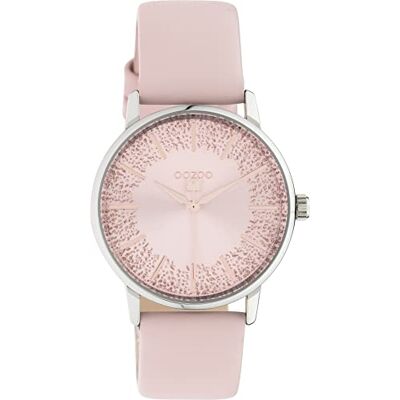 Oozoo Timepieces Montre pour Femme avec Bracelet en Cuir de 18 mm Montre Analogique Élégante Ronde, Argenté/Rose avec Paillettes, Sangles Oozoo Timepieces Montre pour Femme avec Bracelet en Cuir de 18 mm Montre Analogique Élégante Ronde, Argenté/Rose avec Paillettes, Sangles