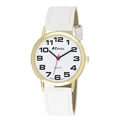 Ravel Montre Bracelet Unisexe Facile à Lire avec de Gros Chiffres Cadran Blanc/Ton Or/Blanc Ravel Montre Bracelet Unisexe Facile à Lire avec de Gros Chiffres Cadran Blanc/Ton Or/Blanc