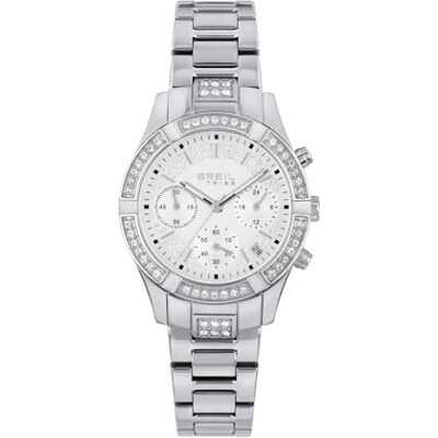 BREIL , Collection C'est Chic Montre Femme Chronographe Femme en Acier avec Lunette Décorée avec Cristaux, Cadran Blanc avec Finition Satinée, Boîtier 36 mm, Fermeture pratique, Argent, argent, Sportif BREIL , Collection C'est Chic Montre Femme Chronographe Femme en Acier avec Lunette Décorée avec Cristaux, Cadran Blanc avec Finition Satinée, Boîtier 36 mm, Fermeture pratique, Argent, argent, Sportif