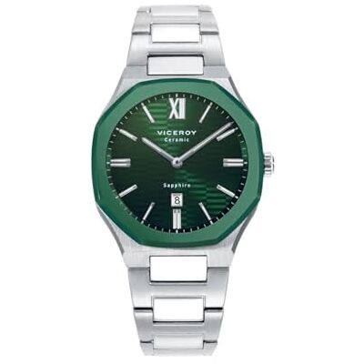 Viceroy Montre Laura Scanes pour femme, boîtier en acier et lunette en céramique verte, verre saphir, Réf. 45002-63, argent métallique, Bracelet Viceroy Montre Laura Scanes pour femme, boîtier en acier et lunette en céramique verte, verre saphir, Réf. 45002-63, argent métallique, Bracelet