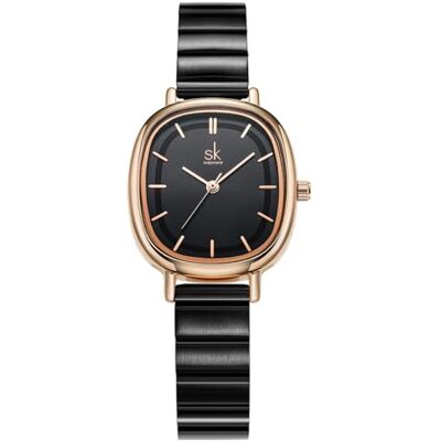 Alienwork SK Montre-bracelet pour femme ultra plate et élégante, or rose/noir or rose/bracelet en métal noir, Bracelet Alienwork SK Montre-bracelet pour femme ultra plate et élégante, or rose/noir or rose/bracelet en métal noir, Bracelet