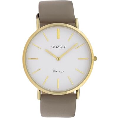 Oozoo Montre vintage pour femme avec bracelet en cuir plat 40 mm, Doré/taupe, sangle Oozoo Montre vintage pour femme avec bracelet en cuir plat 40 mm, Doré/taupe, sangle