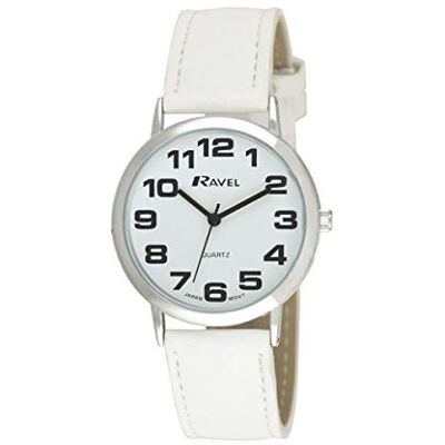 Ravel Montre Bracelet Femme (Grande) Facile à Lire avec de Gros Chiffres Cadran Blanc / Ton argenté / Blanc Ravel Montre Bracelet Femme (Grande) Facile à Lire avec de Gros Chiffres Cadran Blanc / Ton argenté / Blanc
