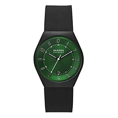Skagen Grenen montre pour homme, mouvement à quartz avec bracelet en acier inoxydable ou en cuir, Noir et vert, 37MM Skagen Grenen montre pour homme, mouvement à quartz avec bracelet en acier inoxydable ou en cuir, Noir et vert, 37MM