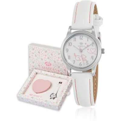 Marea Montre de communion pour fille B41400/1 Boîtier en métal, bracelet en cuir blanc avec surpiqûre rose, cadran avec dessin de chien, set avec étui en forme de cœur, blanc Marea Montre de communion pour fille B41400/1 Boîtier en métal, bracelet en cuir blanc avec surpiqûre rose, cadran avec dessin de chien, set avec étui en forme de cœur, blanc