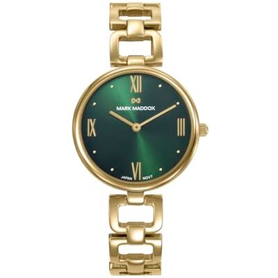 Mark Maddox MM1033-63 Montre femme analogique deux aiguilles 32 mm, acier IP doré, cadran vert avec chiffres romains, fermeture de bijouterie, WR Mark Maddox MM1033-63 Montre femme analogique deux aiguilles 32 mm, acier IP doré, cadran vert avec chiffres romains, fermeture de bijouterie, WR