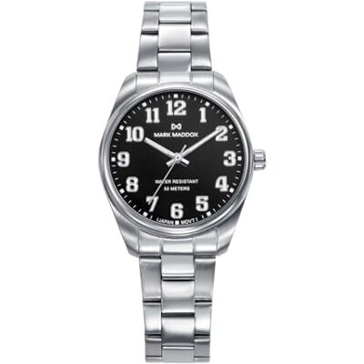 Mark Maddox MM1032-55 Montre femme analogique trois aiguilles 32 mm, boîtier et bracelet en acier, cadran noir avec chiffres arabes, WR 50 m Mark Maddox MM1032-55 Montre femme analogique trois aiguilles 32 mm, boîtier et bracelet en acier, cadran noir avec chiffres arabes, WR 50 m