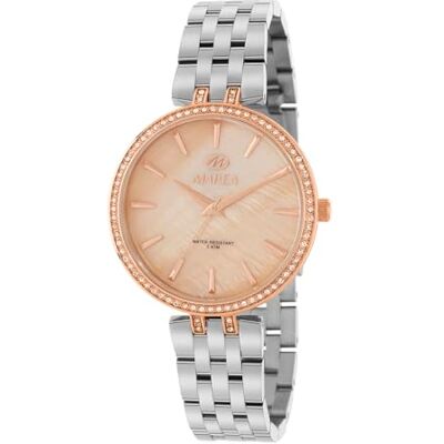 Marea Montre bracelet pour femme, lunette avec cristaux, cadran rose doré, bracelet en acier inoxydable, étanche 3 ATM, Violet/Argent, Élégant Marea Montre bracelet pour femme, lunette avec cristaux, cadran rose doré, bracelet en acier inoxydable, étanche 3 ATM, Violet/Argent, Élégant