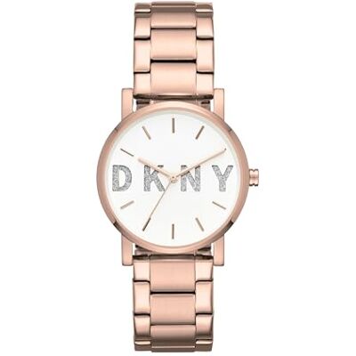 DKNY Soho Montre à quartz en acier inoxydable pour femme 34 mm, Logo blanc or rose, Moderne DKNY Soho Montre à quartz en acier inoxydable pour femme 34 mm, Logo blanc or rose, Moderne