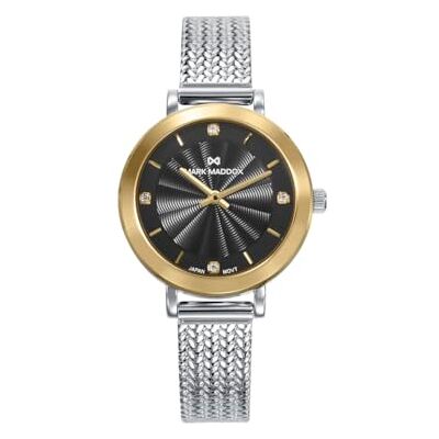 Mark Maddox MM1034-57 Montre femme analogique deux aiguilles 31 mm, boîtier en acier et IP doré, maille milanaise en acier, cadran noir avec zircons, WR Mark Maddox MM1034-57 Montre femme analogique deux aiguilles 31 mm, boîtier en acier et IP doré, maille milanaise en acier, cadran noir avec zircons, WR