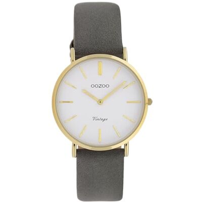 Oozoo Montre vintage pour femme avec bracelet en cuir plat 32 mm, Blanc / doré / gris, sangle Oozoo Montre vintage pour femme avec bracelet en cuir plat 32 mm, Blanc / doré / gris, sangle