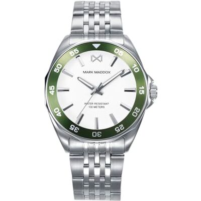 Mark Maddox Montre femme MM1029-07 Acier inoxydable argenté, cadran blanc, lunette verte, étanche 100 m, argent métallique Mark Maddox Montre femme MM1029-07 Acier inoxydable argenté, cadran blanc, lunette verte, étanche 100 m, argent métallique