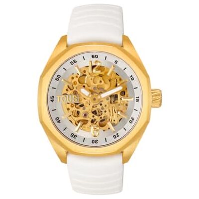 TOUS Montre analogique automatique avec boîtier en acier et bracelet en silicone Now, Doré et Blanc, sangle TOUS Montre analogique automatique avec boîtier en acier et bracelet en silicone Now, Doré et Blanc, sangle