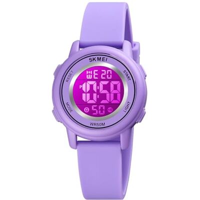 Alienwork Montre numérique pour enfant garçon fille étanche 5 ATM, Violet/multicolore/bracelet en silicone violet, lanière Alienwork Montre numérique pour enfant garçon fille étanche 5 ATM, Violet/multicolore/bracelet en silicone violet, lanière