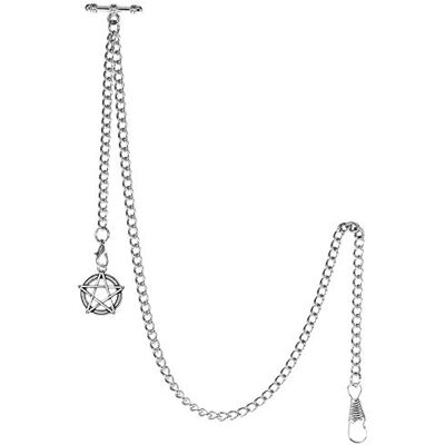 TREEWETO Chaîne de montre de poche avec embout en T Bar Albert T-Bar Chaîne avec pendentif étoile à cinq branches antique et 2 crochets pour gilet boutonnière, argenté TREEWETO Chaîne de montre de poche avec embout en T Bar Albert T-Bar Chaîne avec pendentif étoile à cinq branches antique et 2 crochets pour gilet boutonnière, argenté