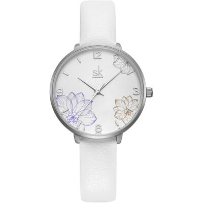 Alienwork SK Montre Femme Floral Élégant, Argent/Blanc Violet/Bracelet en Cuir Blanc, Pneu Alienwork SK Montre Femme Floral Élégant, Argent/Blanc Violet/Bracelet en Cuir Blanc, Pneu