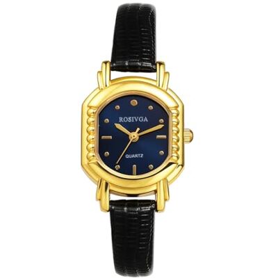 JewelryWe Montre carrée ultra fine pour femme Boîtier doré Cadran noir Quartz analogique réglable Bracelet en cuir synthétique Style décontracté, Noir/bleu. JewelryWe Montre carrée ultra fine pour femme Boîtier doré Cadran noir Quartz analogique réglable Bracelet en cuir synthétique Style décontracté, Noir/bleu.