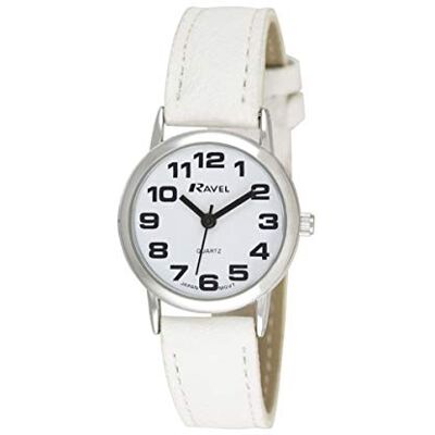 Ravel Montre Bracelet Femme (Petite) Facile à Lire avec de Gros Chiffres Cadran Blanc/Ton argenté/Blanc Ravel Montre Bracelet Femme (Petite) Facile à Lire avec de Gros Chiffres Cadran Blanc/Ton argenté/Blanc