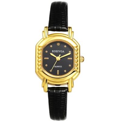 JewelryWe Montre carrée ultra fine pour femme Boîtier doré Cadran noir Quartz analogique réglable Bracelet en cuir synthétique Style décontracté, Noir JewelryWe Montre carrée ultra fine pour femme Boîtier doré Cadran noir Quartz analogique réglable Bracelet en cuir synthétique Style décontracté, Noir
