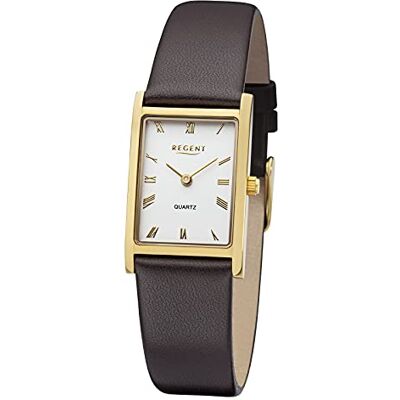 REGENT Montre pour femme avec bracelet en cuir en acier inoxydable Boîtier rectangulaire 22 mm x 28 mm Chiffres romains, Doré/marron, bracelet REGENT Montre pour femme avec bracelet en cuir en acier inoxydable Boîtier rectangulaire 22 mm x 28 mm Chiffres romains, Doré/marron, bracelet