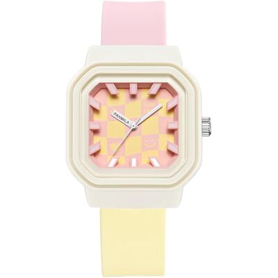 Alienwork Montre pour enfant, unisexe, étanche, sportive, Beige/rose/jaune/bracelet en silicone rose/jaune, lanière Alienwork Montre pour enfant, unisexe, étanche, sportive, Beige/rose/jaune/bracelet en silicone rose/jaune, lanière