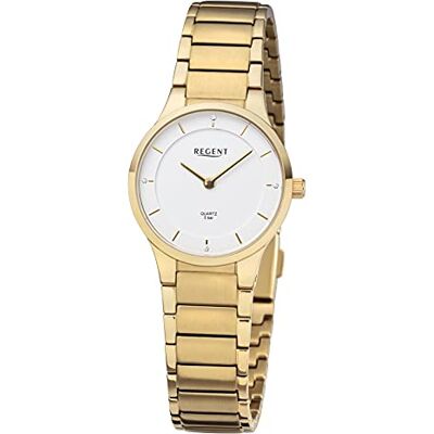 REGENT Montre pour femme avec bracelet en acier inoxydable et boucle déployante à quartz, boîtier plat en acier inoxydable de 28 mm de diamètre, avec 4 zircones cubiques, Blanc/doré, Bracelet REGENT Montre pour femme avec bracelet en acier inoxydable et boucle déployante à quartz, boîtier plat en acier inoxydable de 28 mm de diamètre, avec 4 zircones cubiques, Blanc/doré, Bracelet