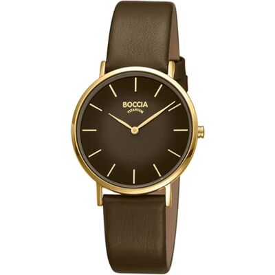 Boccia Titanium 3273-13 Montre à quartz pour femme en titane plaqué or jaune 36 mm avec cadran marron foncé Bracelet en cuir marron ultra plat env. 6 mm Étanche 3 bar Boccia Titanium 3273-13 Montre à quartz pour femme en titane plaqué or jaune 36 mm avec cadran marron foncé Bracelet en cuir marron ultra plat env. 6 mm Étanche 3 bar