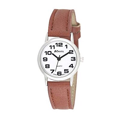 Ravel Montre Bracelet Femme Facile à Lire avec de Gros Chiffres Cadran Blanc/Ton argenté/Marron Ravel Montre Bracelet Femme Facile à Lire avec de Gros Chiffres Cadran Blanc/Ton argenté/Marron