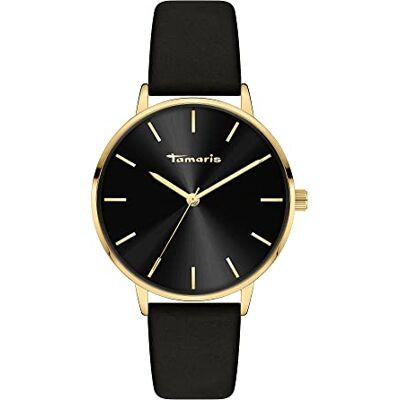 Tamaris Montre pour femme Montre à quartz ronde pour femme, Doré/noir, 36 mm, doré/bracelet en cuir noir Tamaris Montre pour femme Montre à quartz ronde pour femme, Doré/noir, 36 mm, doré/bracelet en cuir noir
