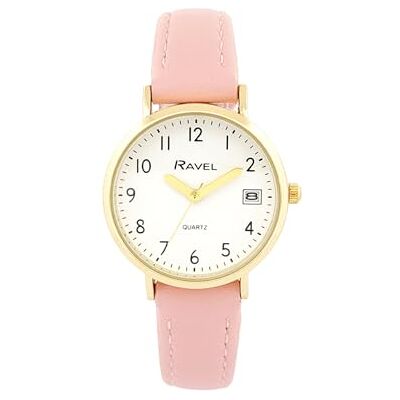 Ravel Montre Femme Calendrier Doré Bracelet Simili Cuir Quartz Analogique Japonais R0707, rose Ravel Montre Femme Calendrier Doré Bracelet Simili Cuir Quartz Analogique Japonais R0707, rose