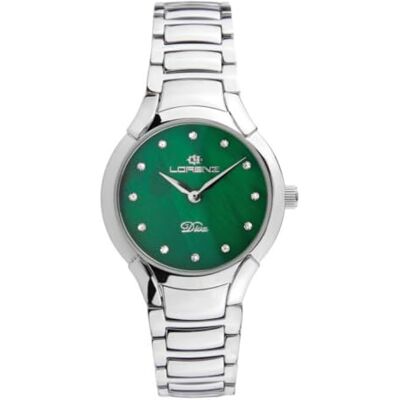 Lorenz Diva Pearl 030281DD Montre classique à quartz pour femme en acier avec cadran en nacre et diamants Coffret en bois avec logo Diva Lorenz Diva Pearl 030281DD Montre classique à quartz pour femme en acier avec cadran en nacre et diamants Coffret en bois avec logo Diva