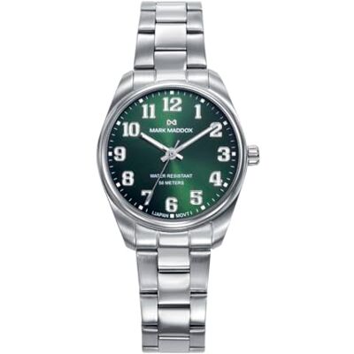 Mark Maddox MM1032-65 Montre femme analogique trois aiguilles 32 mm, boîtier et bracelet en acier, cadran vert avec chiffres arabes, WR 50 m Mark Maddox MM1032-65 Montre femme analogique trois aiguilles 32 mm, boîtier et bracelet en acier, cadran vert avec chiffres arabes, WR 50 m