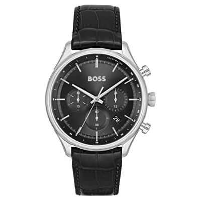 Boss Montre chronographe à quartz pour homme Collection Gregor avec bracelet en cuir ou en acier inoxydable, Noir, Sangle Boss Montre chronographe à quartz pour homme Collection Gregor avec bracelet en cuir ou en acier inoxydable, Noir, Sangle