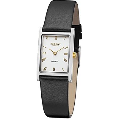 REGENT Montre analogique à quartz pour femme avec bracelet en cuir 12111253, argent/noir, sangles REGENT Montre analogique à quartz pour femme avec bracelet en cuir 12111253, argent/noir, sangles