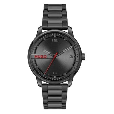 HUGO Montre à quartz à trois aiguilles pour homme #Stamp Collection avec bracelet en cuir ou en acier inoxydable 1530362, Noir, standard size, Classique HUGO Montre à quartz à trois aiguilles pour homme #Stamp Collection avec bracelet en cuir ou en acier inoxydable 1530362, Noir, standard size, Classique