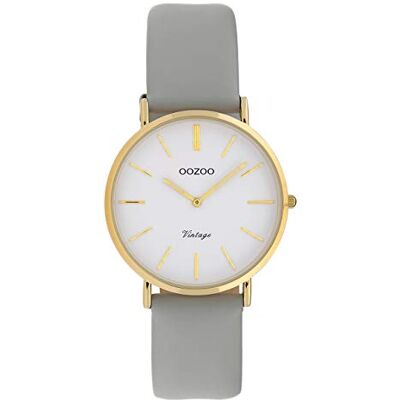 Oozoo Montre vintage pour femme avec bracelet en cuir plat 32 mm, Blanc/doré/gris clair, sangle Oozoo Montre vintage pour femme avec bracelet en cuir plat 32 mm, Blanc/doré/gris clair, sangle