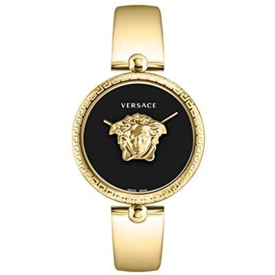 Versace Collection Montre de Luxe pour Femme avec Bracelet Doré et Cadran Noir, Palazzo Empire Versace Collection Montre de Luxe pour Femme avec Bracelet Doré et Cadran Noir, Palazzo Empire