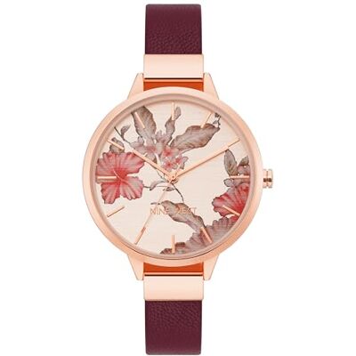Nine West Montre pour femme avec cadran floral, Bordeaux/or rose, Sangle Nine West Montre pour femme avec cadran floral, Bordeaux/or rose, Sangle