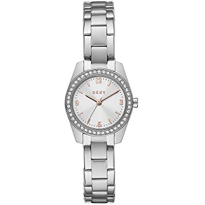 DKNY Nolita Montre pour Femme, Mouvement à quartz avec bracelet en acier inoxydable, cuir ou silicone, Ton argenté avec paillettes, 26MM DKNY Nolita Montre pour Femme, Mouvement à quartz avec bracelet en acier inoxydable, cuir ou silicone, Ton argenté avec paillettes, 26MM