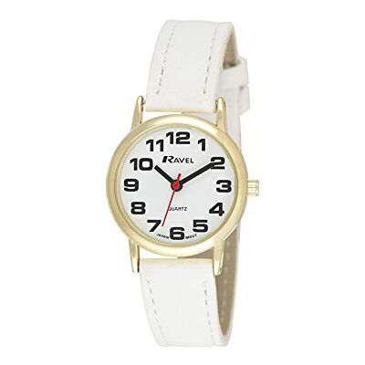 Ravel Montre Bracelet Femme Facile à Lire avec de Gros Chiffres Cadran Blanc/Ton Or/Blanc Ravel Montre Bracelet Femme Facile à Lire avec de Gros Chiffres Cadran Blanc/Ton Or/Blanc