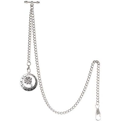 TREEWETO Chaîne de montre de poche avec embout T Bar Albert T-Bar Chaîne avec pendentif trèfle à quatre feuilles antique et 2 crochets pour gilet trou à bouton, argenté TREEWETO Chaîne de montre de poche avec embout T Bar Albert T-Bar Chaîne avec pendentif trèfle à quatre feuilles antique et 2 crochets pour gilet trou à bouton, argenté