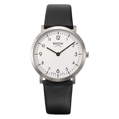 Boccia Titanium 3335-01 Montre à quartz pour femme en titane 34 mm avec verre saphir et bracelet en cuir noir ultra fine 6,2 mm étanche 5 bars Boccia Titanium 3335-01 Montre à quartz pour femme en titane 34 mm avec verre saphir et bracelet en cuir noir ultra fine 6,2 mm étanche 5 bars